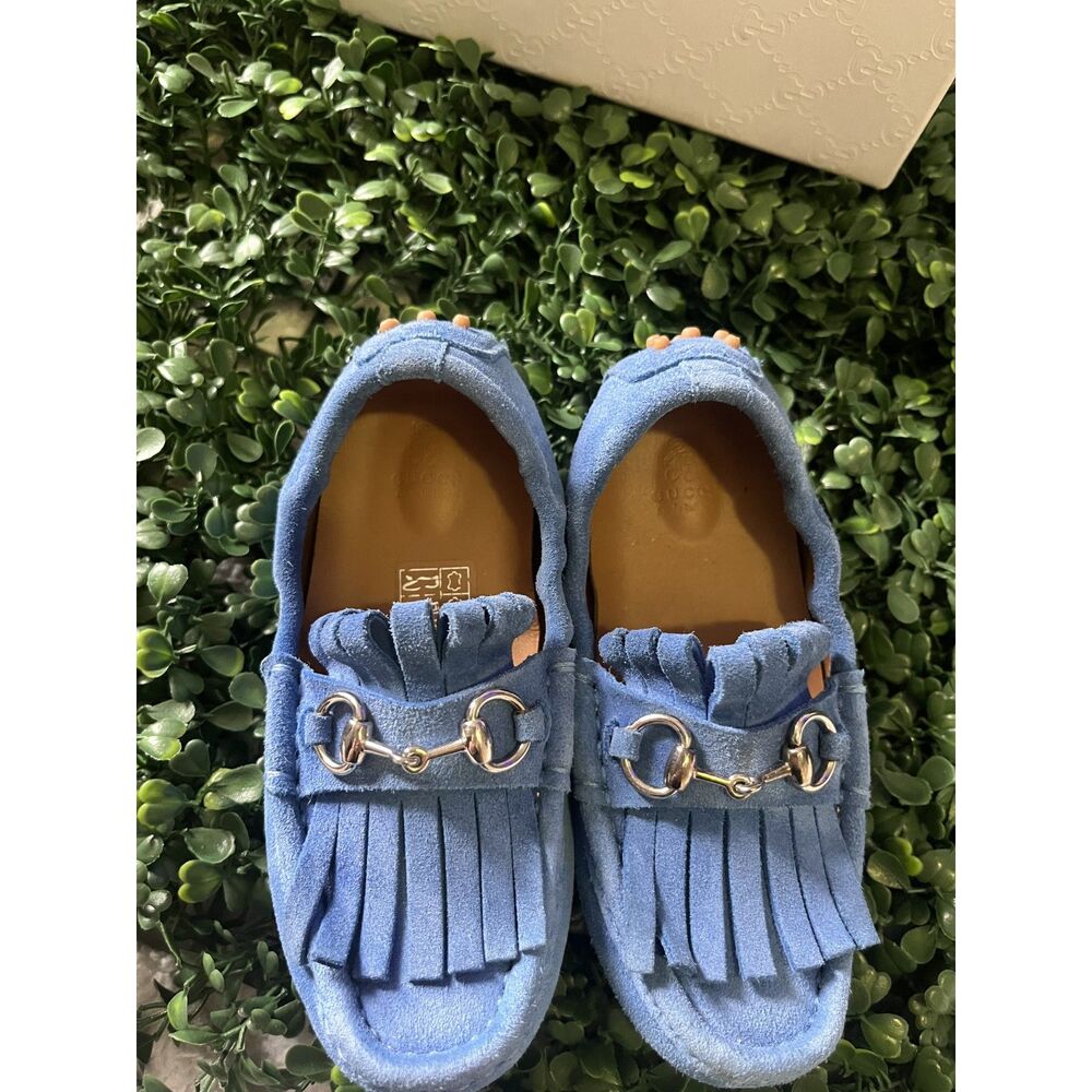 GUCCI Blue Suede Fringed Loafers Silver Horse-bit Size 25